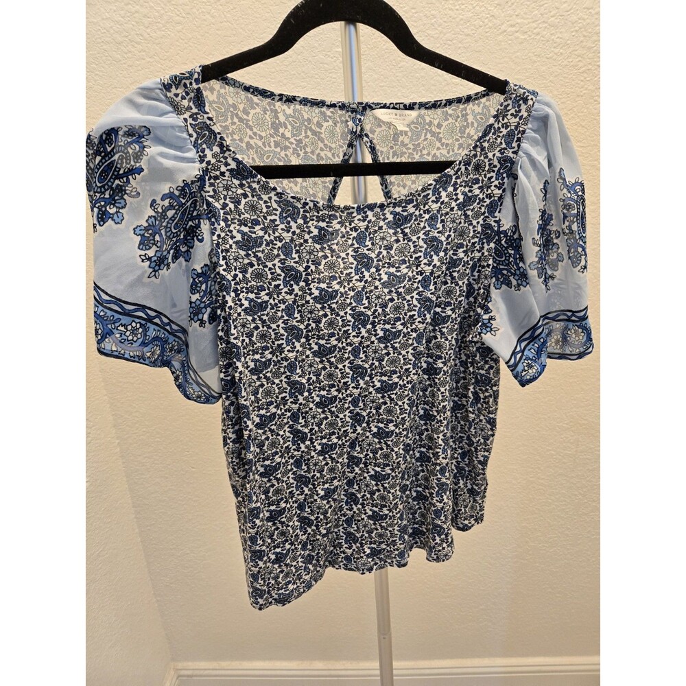 Lucky Brand Blouse Navy Blue Geo Boho Paisley Print Short Sleeve Top Women's M - Picture 2 of 11